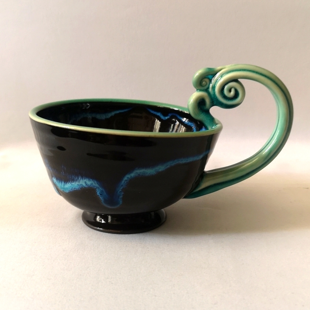 Gorgeous Studio Art Pottery Tea or Coffee Mug with Unique Designed Wave Handle